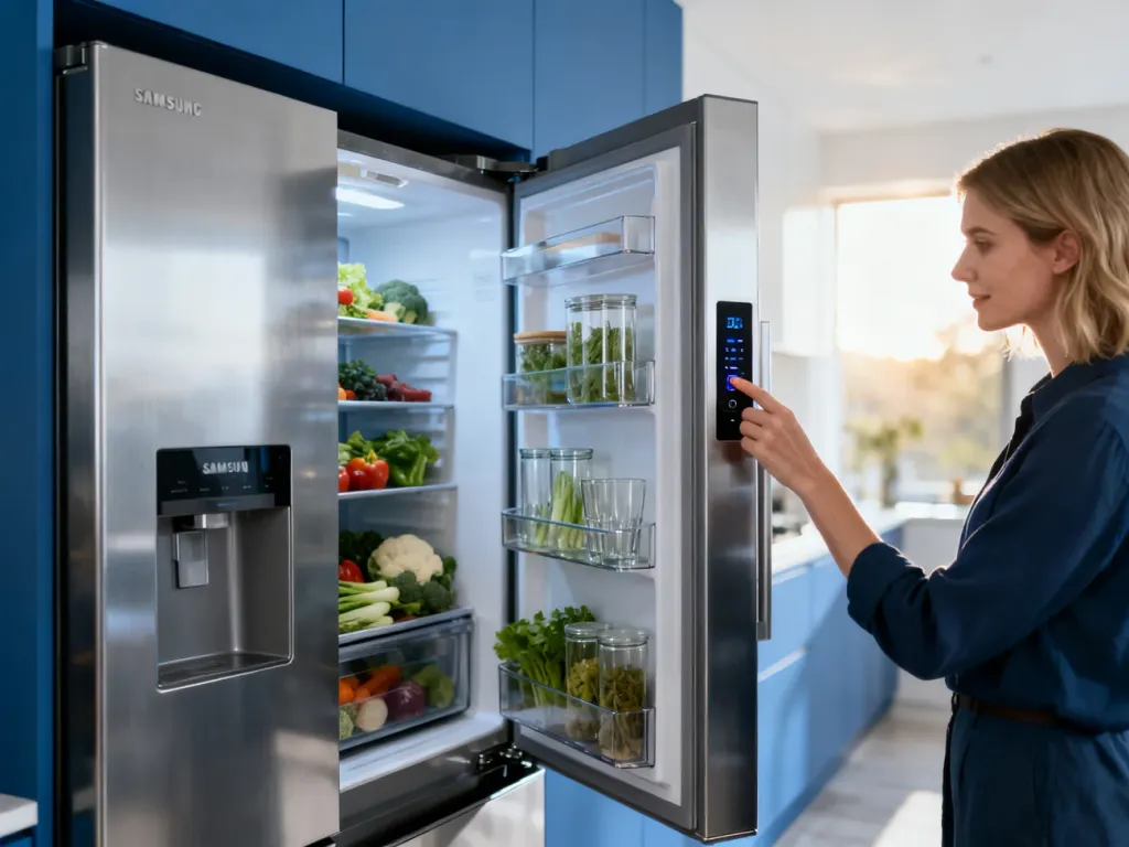 Kobieta ustawia temperaturę na panelu nowoczesnej lodówki Samsung w jasnej, minimalistycznej kuchni.