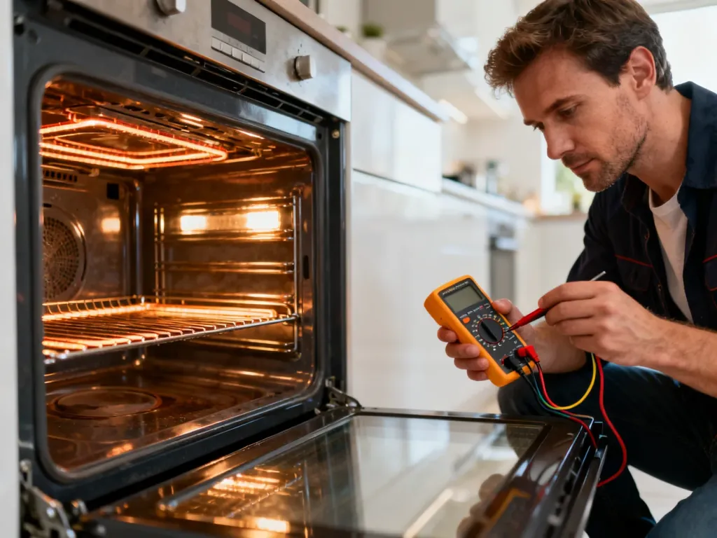Mężczyzna używa multimetru do sprawdzenia grzałek w otwartym piekarniku, diagnozując przyczynę awarii urządzenia.